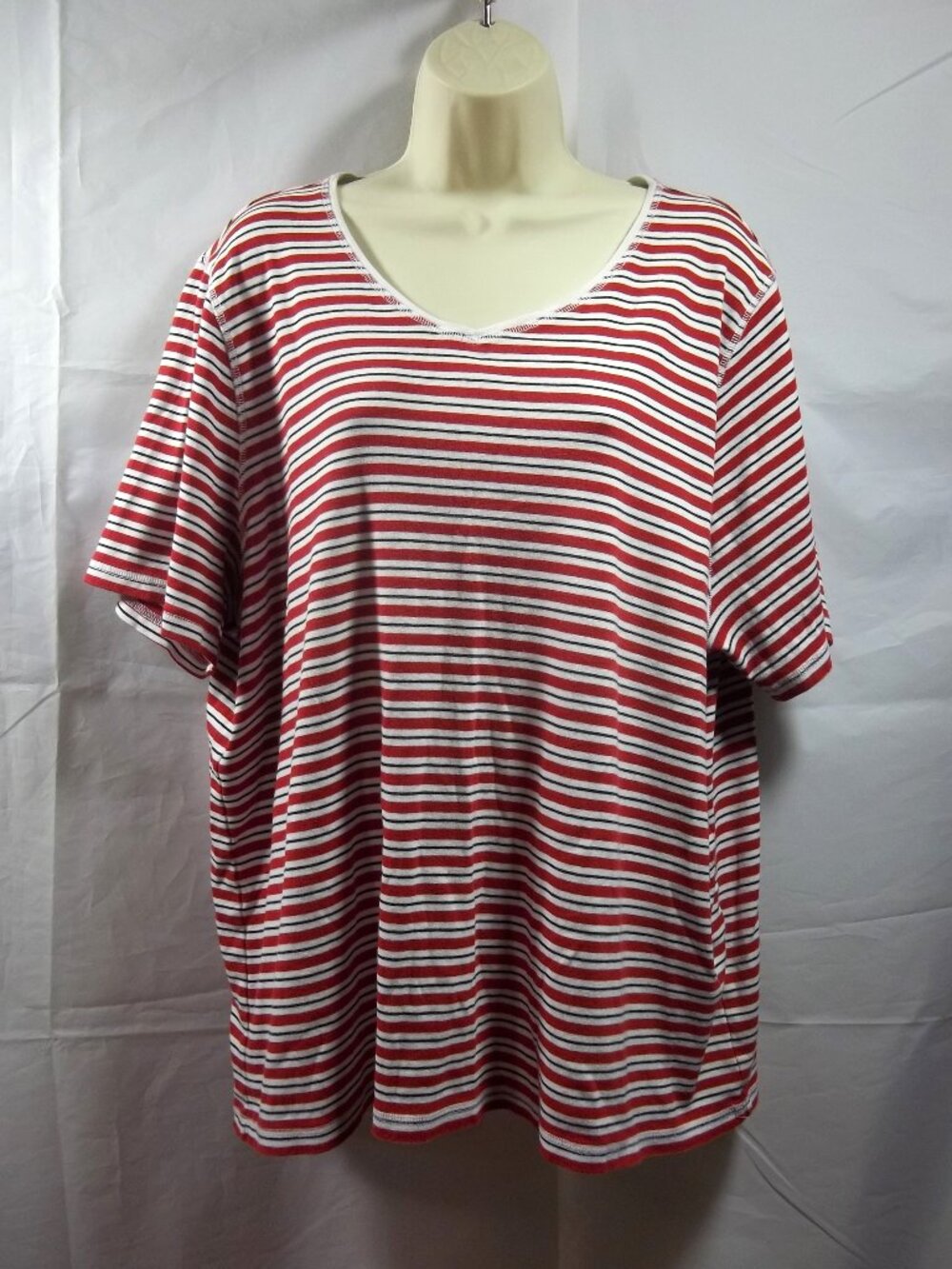 CJ Banks Womens Shirt Top Plus Size 3X V-Neck Striped Short Sleeve Red Black